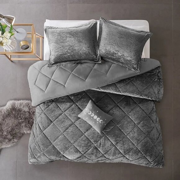 Crushed Velvet 4-Piece Comforter or Duvet Cover Set, Grey - Picture 1 of 2